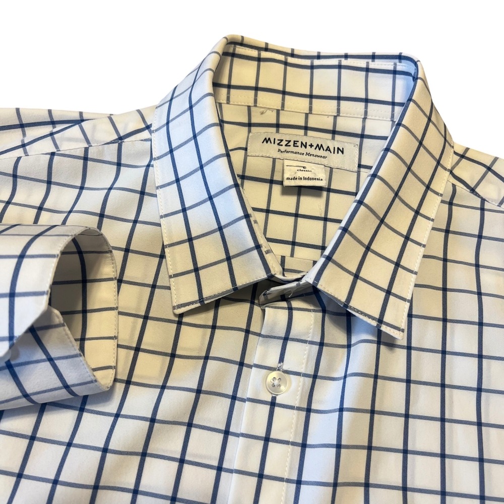 Mizzen+Main Men's L Classic Dress Shirt White Blue Windowpane LEE-S20-41002